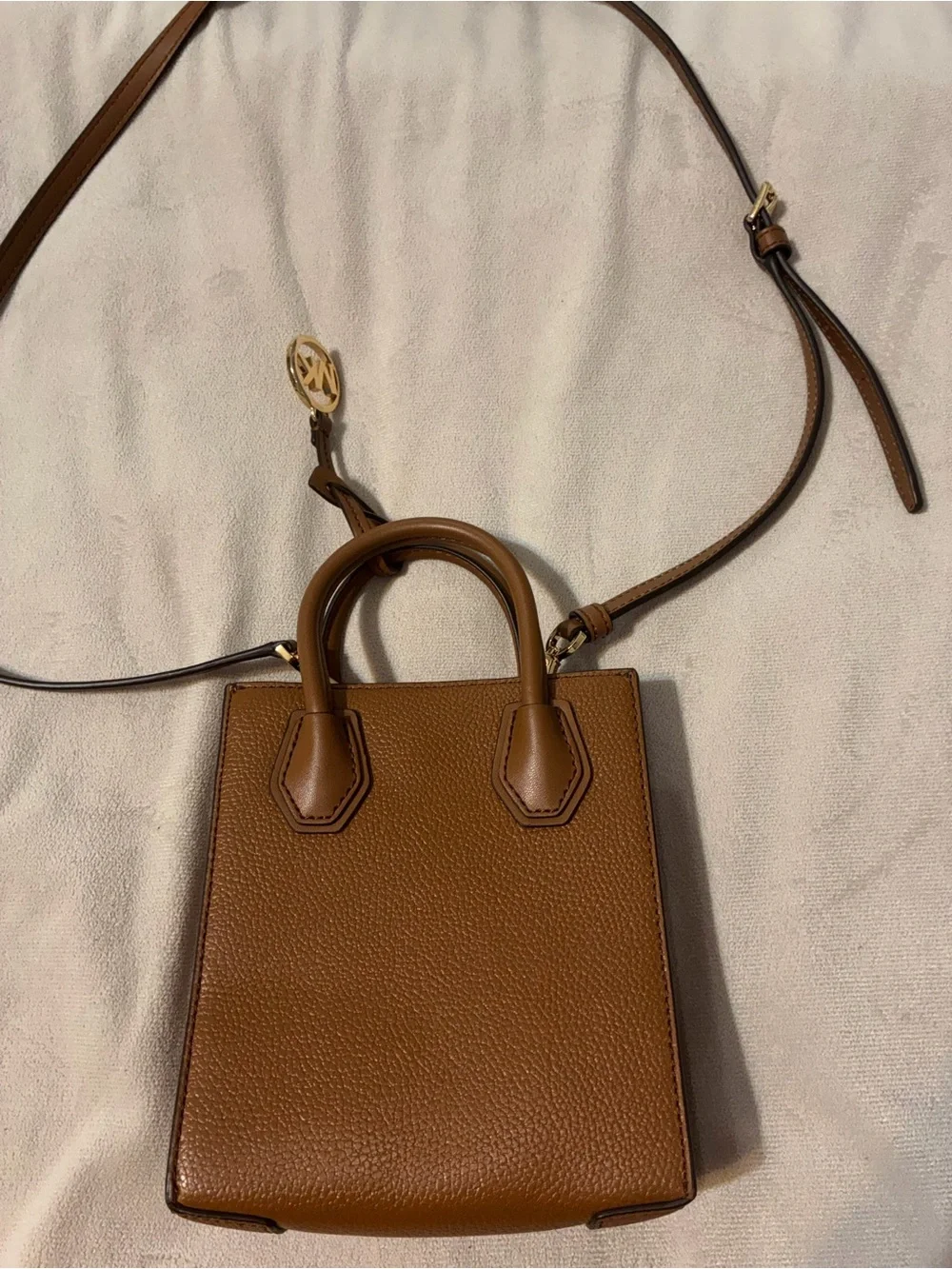 Michael Kors Brown Leather Mini Tote Crossbody with Gold MK Charm